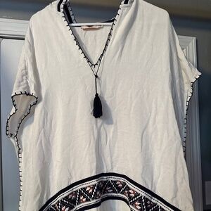 Tory Burch Hooded Poncho Tunic M/L White Navy Embroidered Fringe Tassel Boho